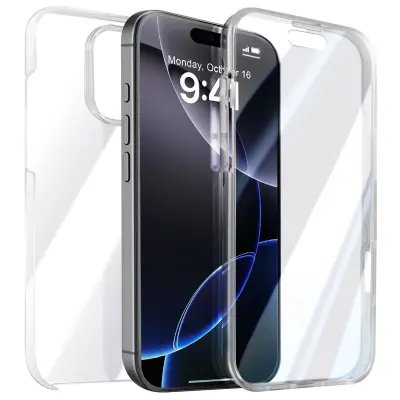360° ohišje za iPhone 16 Pro Max z zaslonom na dotik in dvignjenim robom kamere, Prozorno