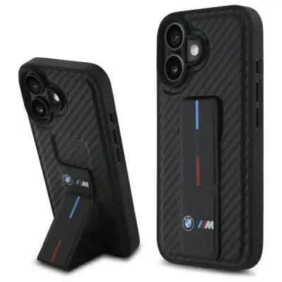 OVITEK BMW HARDCASE ZA IPHONE 16 6.1 Z M GRIP STOJALOM IN KARBONSKIM VZORCEM
