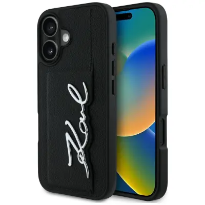 OVITEK KARL LAGERFELD IPHONE 16 Z REŽO ZA KARTICE IN VISOKO KAKOVOSTNIM ZRNATIM PU