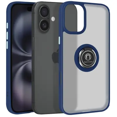 Ovitek za iPhone 16 Bague Métallique Support Vidéo, Modra noč