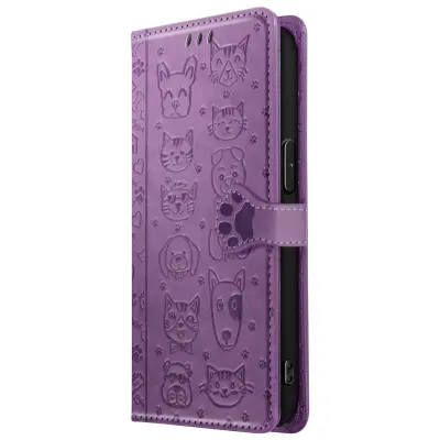Ohišje za iPhone 16e Design Cat and Dog Wallet Clap, Vijolična