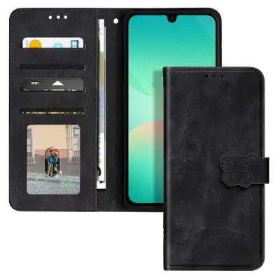 Metuljevo ohišje za Samsung Galaxy A26 z denarnico in držalom za videoposnetke, Črna
