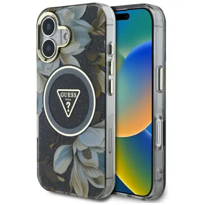 OVITEK GUESS Z BLEŠČICAMI ROŽE TRIKOTNI GUMBI ZA IPHONE 16 ZA MAGSAFE