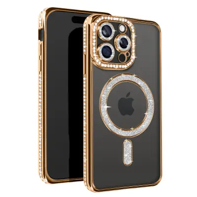 Diamond Case za iPhone 15 Pro Zaščita MagSafe Contour Strass, Zlata