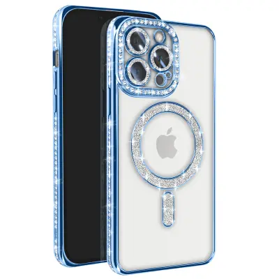 Diamantno ohišje za iPhone 13 Pro MagSafe Obris Strass, Modra