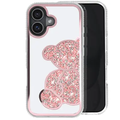 Pokrovček z bleščicami za iPhone 16 Plus Vzorec medvedka s štrasom, Roza