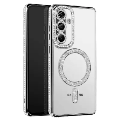 Diamantno ohišje za Samsung Galaxy A56 MagSafe Obris Strass, Srebrna