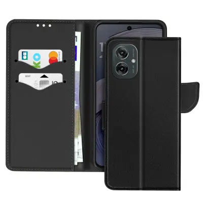 Ohišje za Motorola Moto G55 Denarnica Usnje Saffiano Fancy, Črna