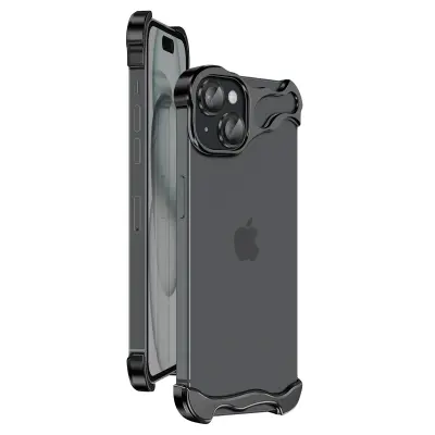 Zaščitna zasnova za iPhone 15, ojačan kovinski odbijač, Črna