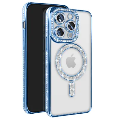 Diamantni ovitek za iPhone 14 Pro MagSafe Obris Strass, Modra