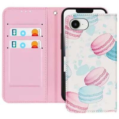 Ovitek za iPhone 16e z motivom Macaroon z zapestnim trakom in držalom za kartico, Bela