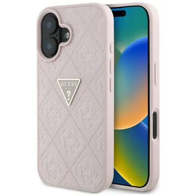 GUESS TPU OVITEK ZA IPHONE 16 HOT STAMP TRIKOTNI VZOREC S KOVINSKIM LOGOTIPOM