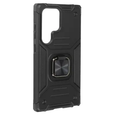 Ohišje s prstanom za Samsung S24 Ultra Ojačan bi-material Večnamenski obroč, Črna