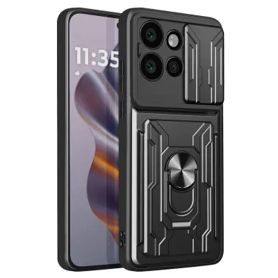 Ovitek za Motorola Edge 50 Neo z zaščito kamere / stojalom / držalom za kartice, Črna