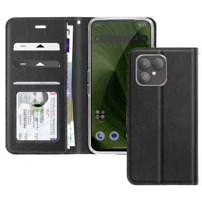 Preklopna torbica za Fairphone 6 z vgrajenim držalom za kartice in video stojalom, Črna