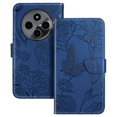 Ohišje za Xiaomi Redmi 14C Denarnica Butterfly Flower s trakom za roko, Modra noč