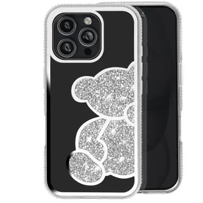 Ohišje z bleščicami za iPhone 16 Pro z vzorcem medvedka s štrasom, Srebrna