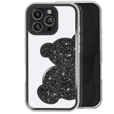 Ohišje z bleščicami za iPhone 16 Pro z vzorcem medvedka s štrasom, Črna
