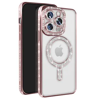 Diamantni ovitek za iPhone 14 Pro MagSafe Obris Strass, Roza