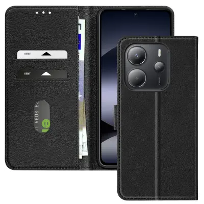 Ohišje za Xiaomi Redmi Note 14 4G Clamshell denarnica in video držalo, Črna