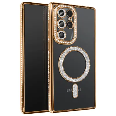 Diamantno ohišje za Samsung Galaxy S25 Ultra MagSafe Obris Strass, Zlata