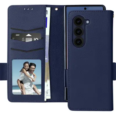 Torbica za Samsung Galaxy Z Fold 6 Držalo za denarnico z ročnim trakom, Modra noč
