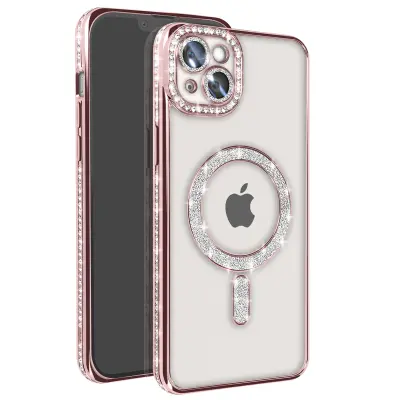Diamantni ovitek za iPhone 14 Plus MagSafe Obris Strass, Roza