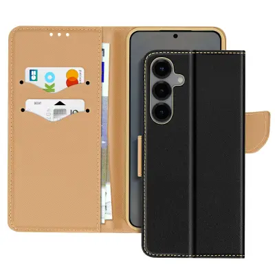 Ohišje za Samsung Galaxy S25 Wallet Leather Saffiano Fancy, Črna / Zlata