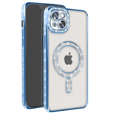 Diamantno ohišje za iPhone 14 Plus MagSafe Obris Strass, Modra
