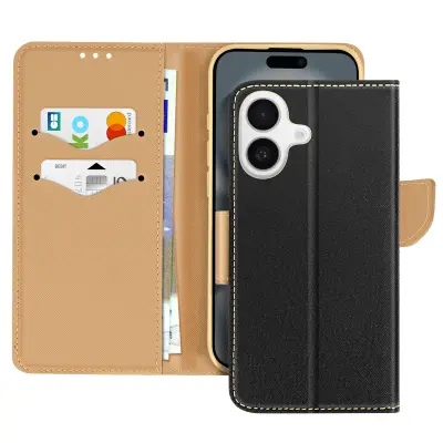 Ohišje za iPhone 16 Wallet Leather Saffiano Fancy, Črna / Zlata