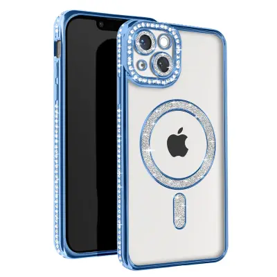 Diamantno ohišje za iPhone 14 Zaščita MagSafe Contour Strass, Svetlo modra