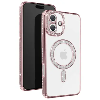 Diamantno ohišje za telefon iiPhone 16 Plus Zaščita MagSafe Contour Strass, Šampanjec roza