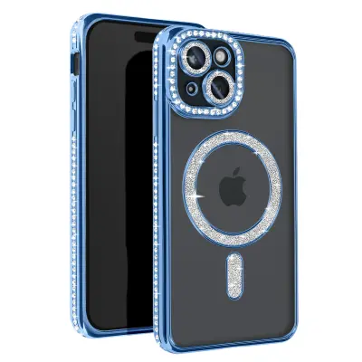 Diamond Case za iPhone 15 Zaščita MagSafe Contour Strass, Svetlo modra