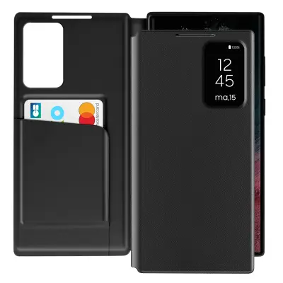 Usnjeno ohišje za Galaxy S22 Ultra Display Window Card Holder, Črna