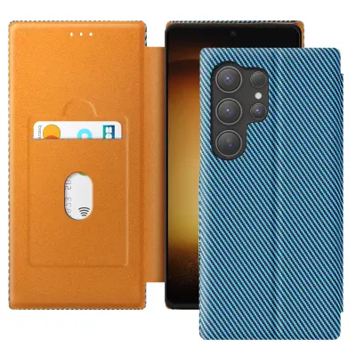 Ohišje za Samsung S23 Ultra Carbon Fibre Anti-RFID in video držalo, Modra