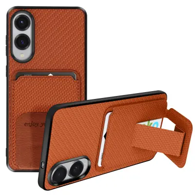 Karbonsko ohišje za Samsung S25 Edge Silikonsko držalo za kartice Stojalo, Rjava
