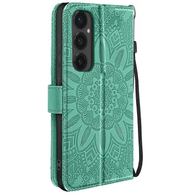 Mandala Flowers Ohišje za Galaxy S24 FE Denarnica Support Strap, Svetlo zelena