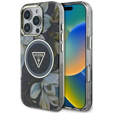 GUESS OVITEK Z BLEŠČICAMI ROŽE TRIKOTNI GUMBI ZA MAGSAFE IPHONE 16 PRO MAX