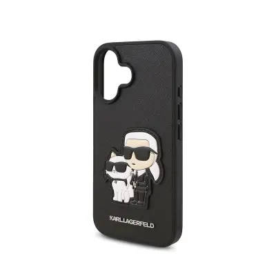 Karl Lagerfeld, Ohišje za iPhone 16 Plus design Saffiano Karl in Choupette, Črna