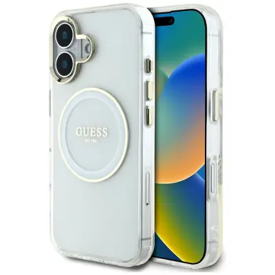 GUESS OVITEK IML KOVINSKI BARVNI KROŽEK ZA MAGSAFE IPHONE 16 LOGO CLASSIC
