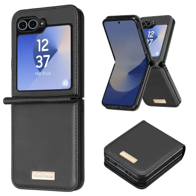 Ohišje za Samsung Galaxy Z Flip 6 Vegansko usnje, fino oblikovanje, Črna