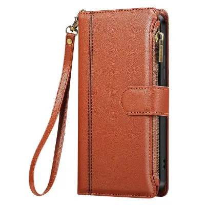 Zadeva za Galaxy S25 Edge z zadrgo in odstranljivim paščkom za zapestje, Rjava