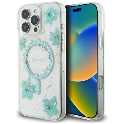 GUESS TPU OVITEK ZA IPHONE 16 PRO MAX ZA MAGSAFE ZLATI ROŽE BLEŠČEČ VZOREC