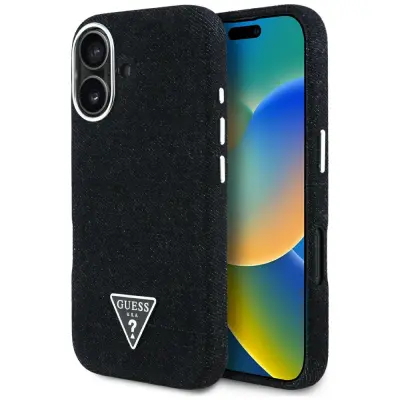 OVITEK GUESS CASE DENIM TRIKOTNIK LOGO ZA IPHONE 16 ZA MAGSAFE ZAŠČITA Z LOGOTIPOM