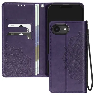 Ohišje Flowers Mandala za iPhone 16e Denarnica s trakom, Vijolična