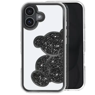 Pokrovček z bleščicami za iPhone 16 Plus Vzorec medvedka s štrasom, Črna