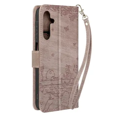 Torbica za Samsung Galaxy A15 5G Kawaii Cat Design Denarnica z ovitkom za trak za roko, Šampanjec roza