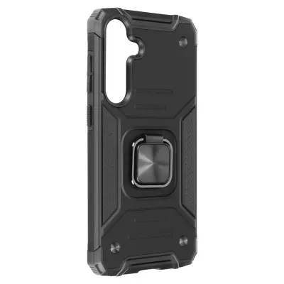 Ohišje s prstanom za Samsung S24 Ojačan bi-material Večnamenski obroč, Črna