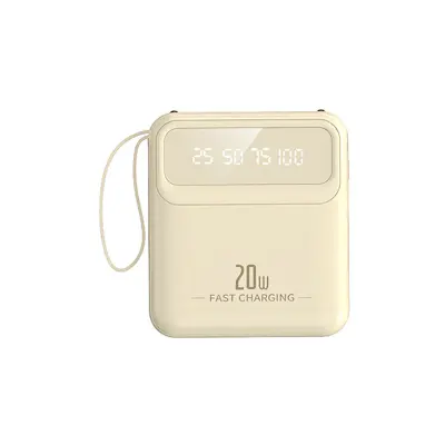 Baterija PowerBank 10000mAh 20W z LED zaslonom / svetilko / kompaktnimi kabli, Bež