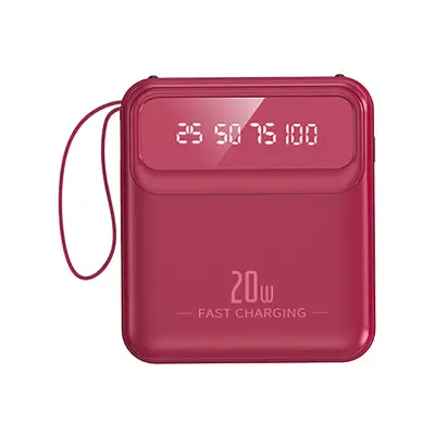 Baterija PowerBank 10000mAh 20W z LED zaslonom / svetilko / kompaktnimi kabli, Rose framboise